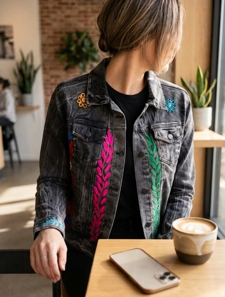 Hand-Embroidery Washed Black Denim Jacket