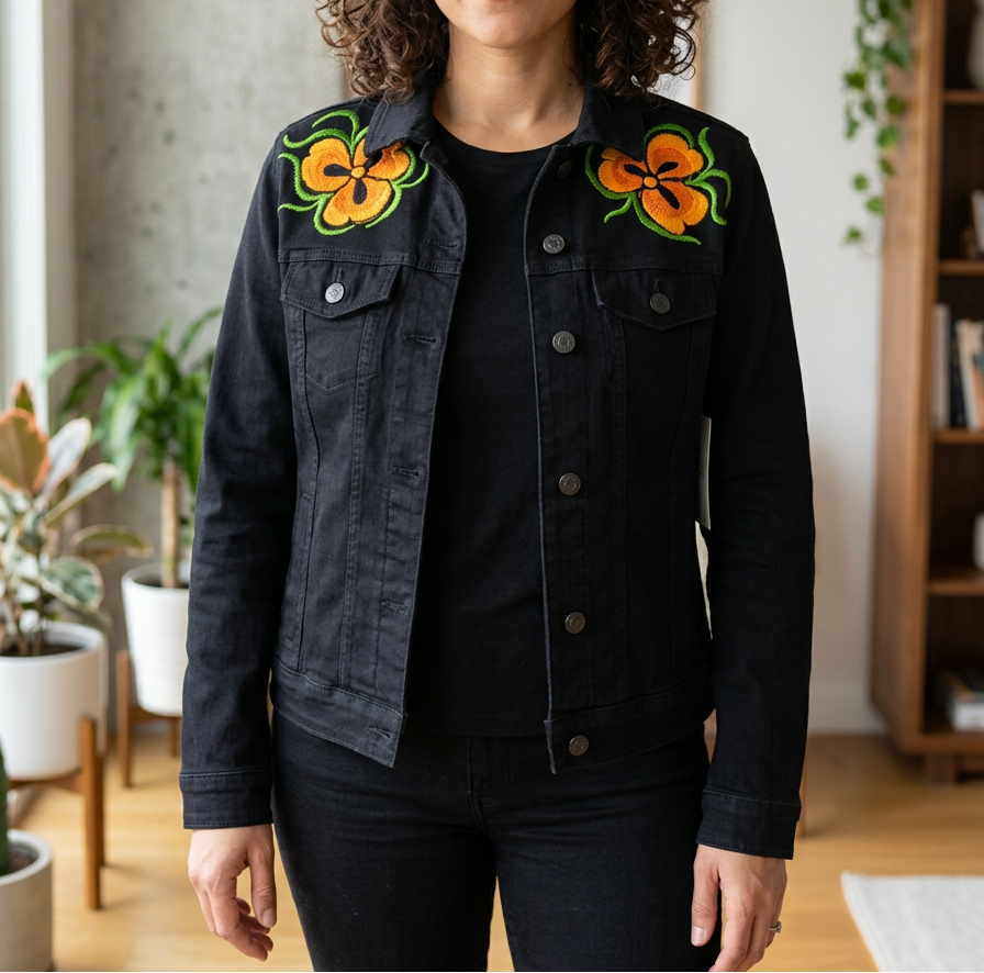 Black Denim Jacket with Colorful Floral Embroidery